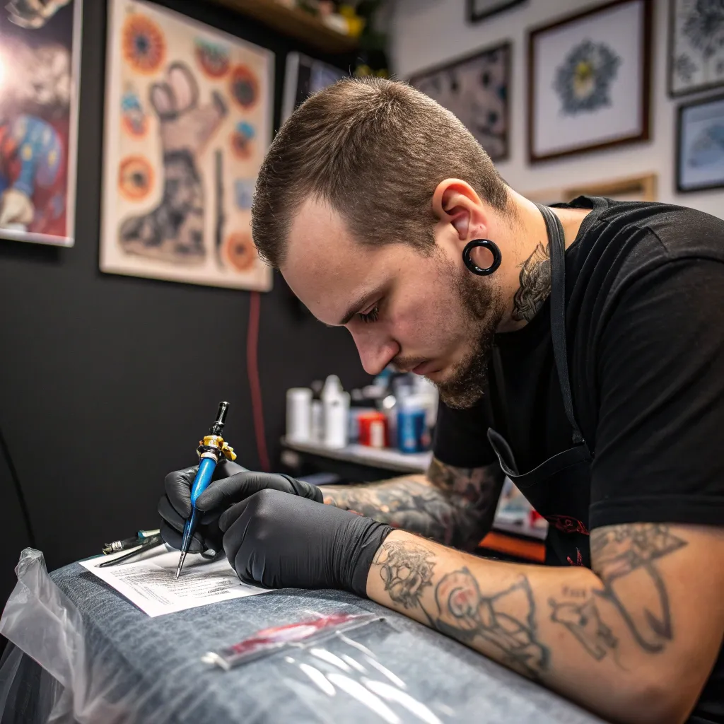 Tattoo artist focused on a design