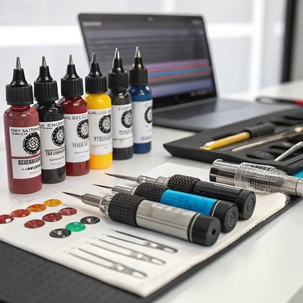 Tattoo ink and tools on a desk